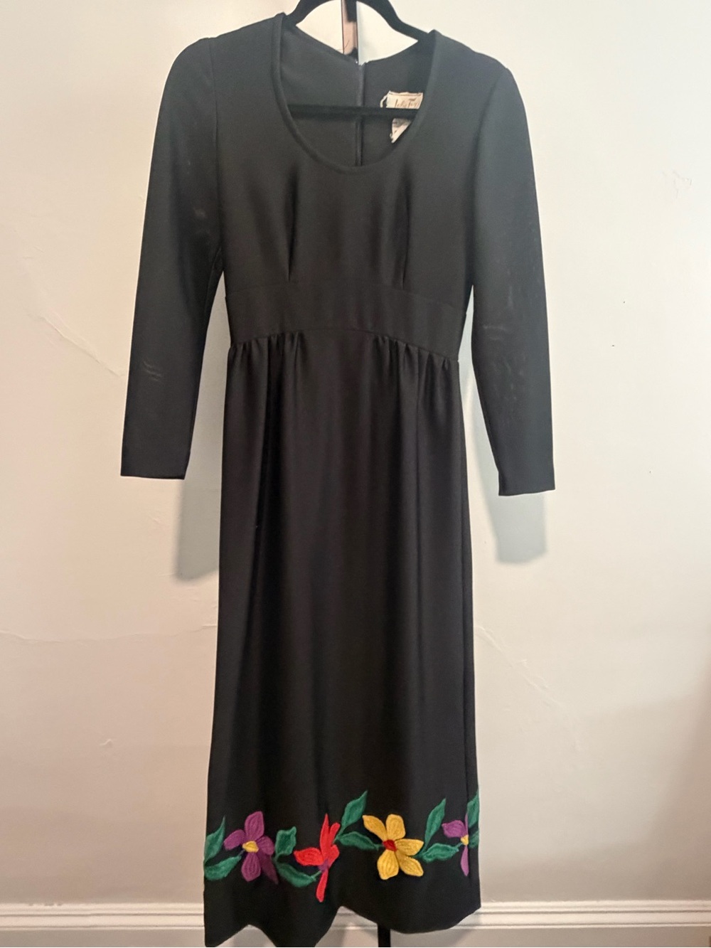 Vintage Black Long-Sleeve Maxi Dress with Colorful Embroidered Floral Hem